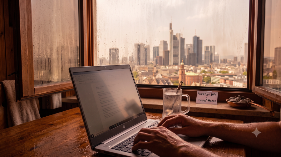 Homeoffice in der Hitze der Großstadt Frankfurt im Rhein-Main-Gebiet_Alles-schwitzt