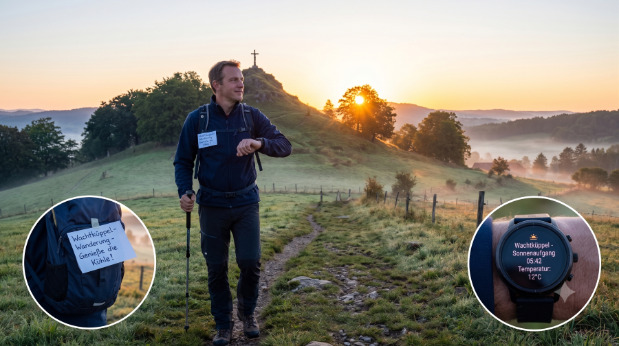 Wanderer genießt den Sonnenaufgang in der Rhön bei kühlen Temperaturen